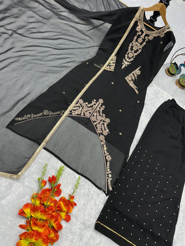 Elegant Heavy Fox Georgette Embroidered Party Wear Top & Palazzo Suit with Fancy Dupatta