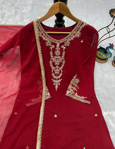 Designer Deep Red Heavy Georgette Embroidered Top & Palazzo Suit with Fancy Dupatta
