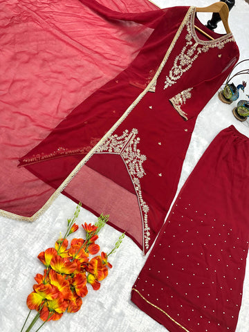 Designer Deep Red Heavy Georgette Embroidered Top & Palazzo Suit with Fancy Dupatta
