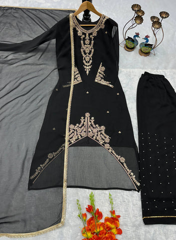 Elegant Heavy Fox Georgette Embroidered Party Wear Top & Palazzo Suit with Fancy Dupatta