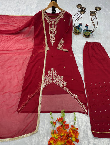 Designer Deep Red Heavy Georgette Embroidered Top & Palazzo Suit with Fancy Dupatta