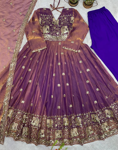 Designer Party Wear Deep Purple Embroidered Silk Anarkali Gown with Cut-Work Dupatta