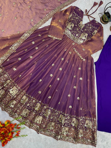 Designer Party Wear Deep Purple Embroidered Silk Anarkali Gown with Cut-Work Dupatta