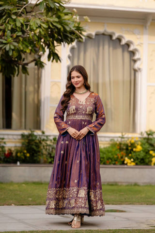 Designer Party Wear Deep Purple Embroidered Silk Anarkali Gown with Cut-Work Dupatta