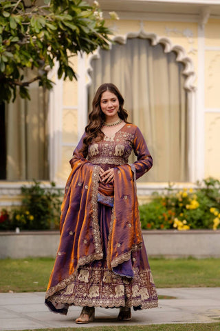 Designer Party Wear Deep Purple Embroidered Silk Anarkali Gown with Cut-Work Dupatta