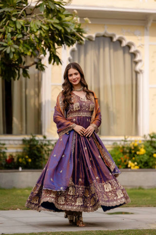 Designer Party Wear Deep Purple Embroidered Silk Anarkali Gown with Cut-Work Dupatta