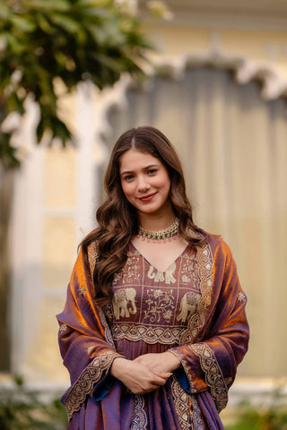 Designer Party Wear Deep Purple Embroidered Silk Anarkali Gown with Cut-Work Dupatta