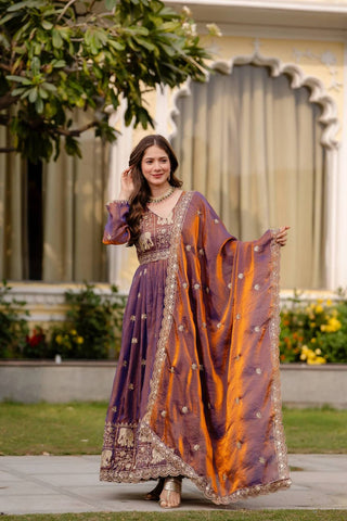 Designer Party Wear Deep Purple Embroidered Silk Anarkali Gown with Cut-Work Dupatta