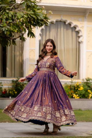 Designer Party Wear Deep Purple Embroidered Silk Anarkali Gown with Cut-Work Dupatta