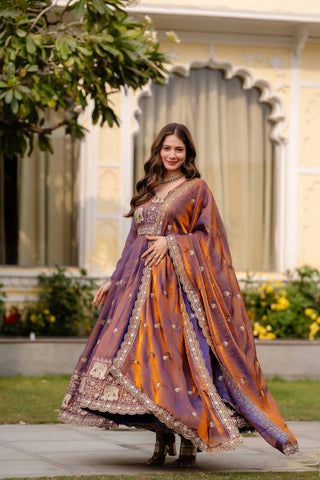 Designer Party Wear Deep Purple Embroidered Silk Anarkali Gown with Cut-Work Dupatta
