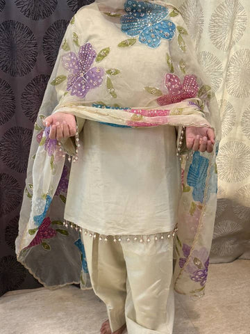 Henny Designer Party Wear Off-White Kurta with Farsi Salvar & Embroidered Organza Dupatta