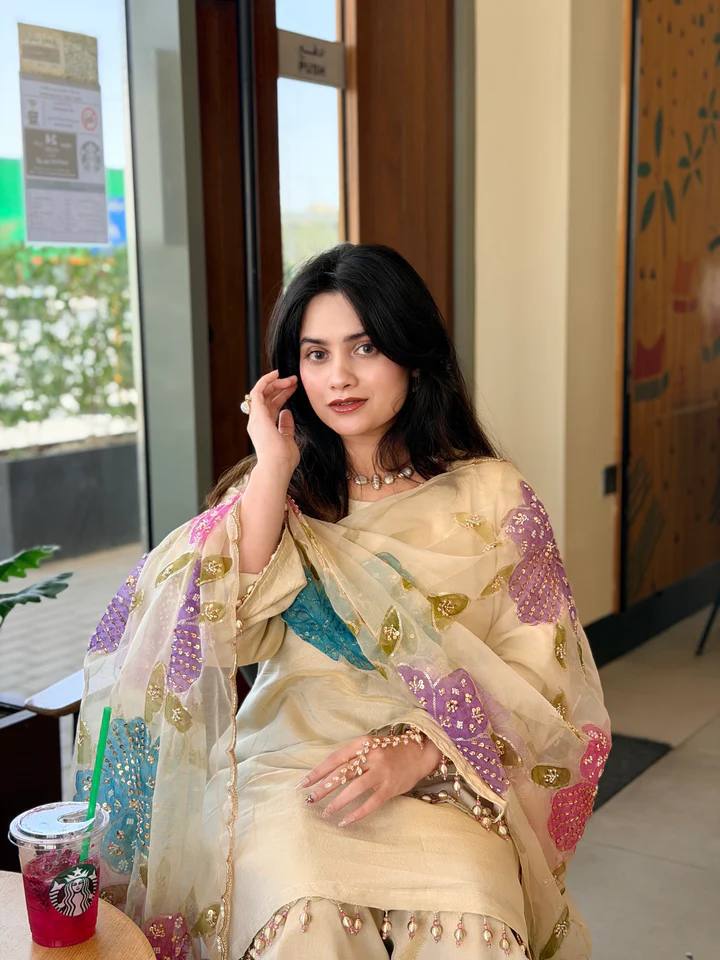 Henny Designer Party Wear Off-White Kurta with Farsi Salvar & Embroidered Organza Dupatta