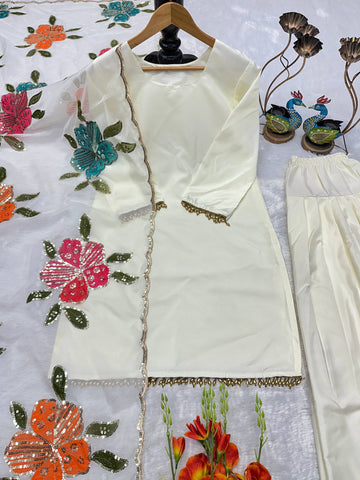 Henny Designer Party Wear Off-White Kurta with Farsi Salvar & Embroidered Organza Dupatta