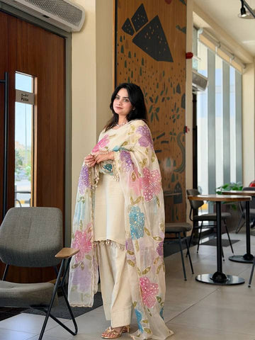 Henny Designer Party Wear Off-White Kurta with Farsi Salvar & Embroidered Organza Dupatta