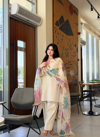 Henny Designer Party Wear Off-White Kurta with Farsi Salvar & Embroidered Organza Dupatta