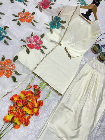 Henny Designer Party Wear Off-White Kurta with Farsi Salvar & Embroidered Organza Dupatta