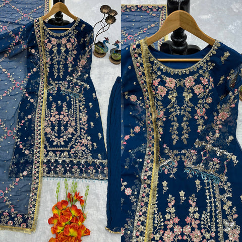 Designer Teal Blue Fox Georgette Embroidered Suit with Moti, Mirror, & Crash Work