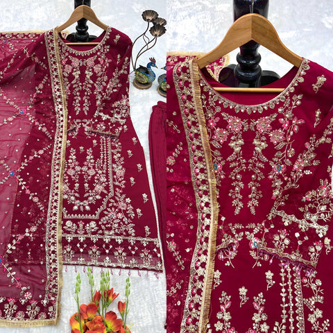 Henny Designer Deep Maroon Georgette Embroidered Suit with Mirror Work, Moti, & Crash Work Pants