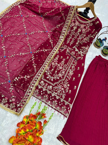 Henny Designer Deep Maroon Georgette Embroidered Suit with Mirror Work, Moti, & Crash Work Pants