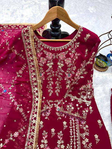 Henny Designer Deep Maroon Georgette Embroidered Suit with Mirror Work, Moti, & Crash Work Pants