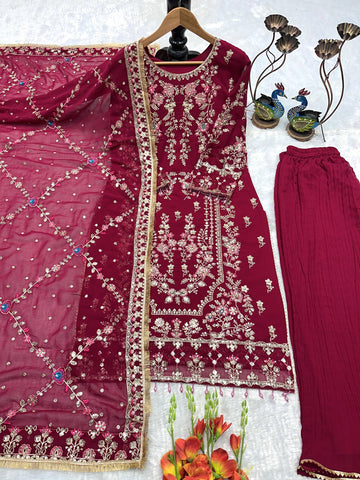 Henny Designer Deep Maroon Georgette Embroidered Suit with Mirror Work, Moti, & Crash Work Pants