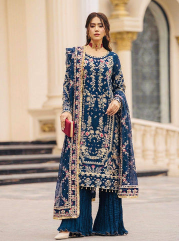 Designer Teal Blue Fox Georgette Embroidered Suit with Moti, Mirror, & Crash Work