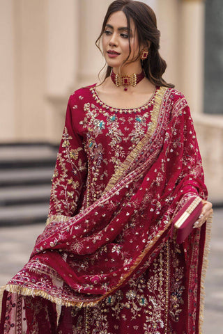 Henny Designer Deep Maroon Georgette Embroidered Suit with Mirror Work, Moti, & Crash Work Pants