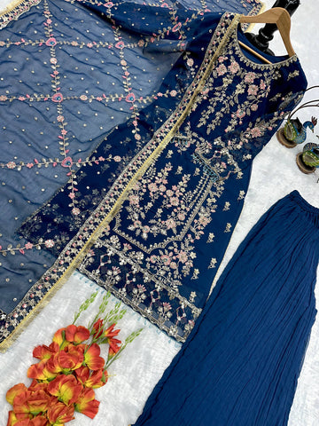 Designer Teal Blue Fox Georgette Embroidered Suit with Moti, Mirror, & Crash Work
