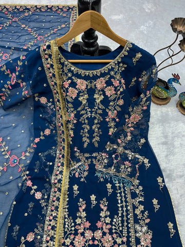 Designer Teal Blue Fox Georgette Embroidered Suit with Moti, Mirror, & Crash Work