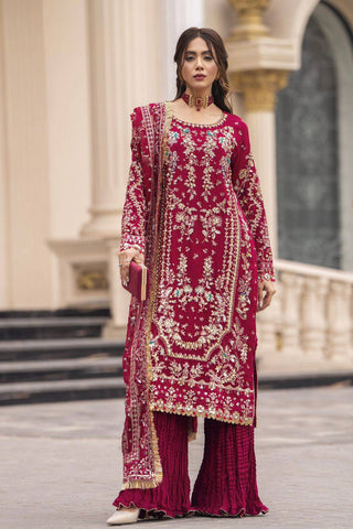 Henny Designer Deep Maroon Georgette Embroidered Suit with Mirror Work, Moti, & Crash Work Pants