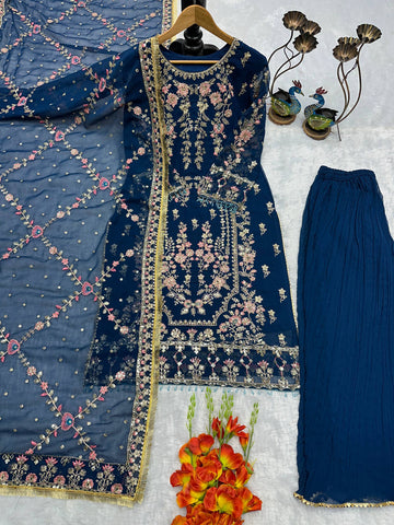 Designer Teal Blue Fox Georgette Embroidered Suit with Moti, Mirror, & Crash Work