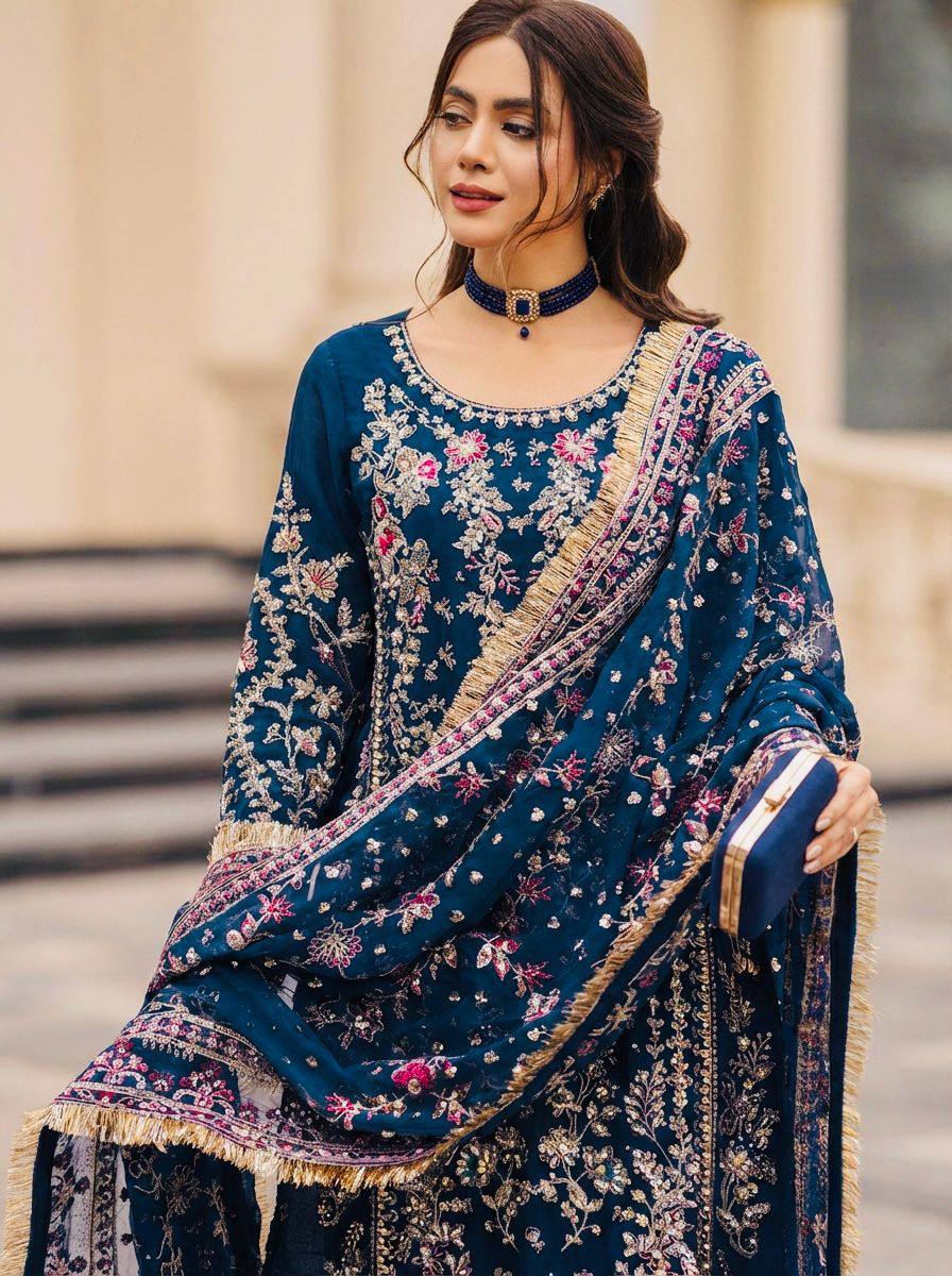 Designer Teal Blue Fox Georgette Embroidered Suit with Moti, Mirror, & Crash Work
