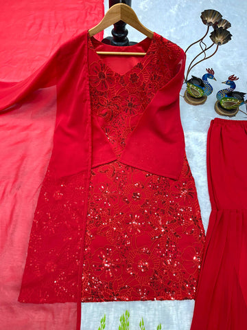 Designer Heavy Embroidery Georgette Top with Palazzo & Dupatta Set - Red