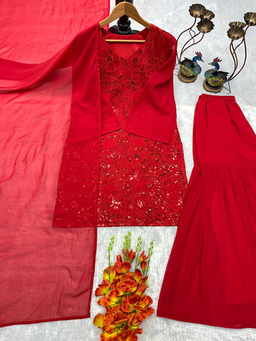 Designer Heavy Embroidery Georgette Top with Palazzo & Dupatta Set - Red