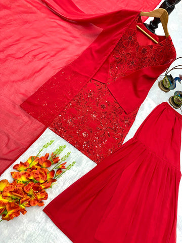 Designer Heavy Embroidery Georgette Top with Palazzo & Dupatta Set - Red