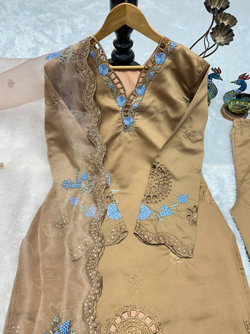 Designer Embroidered Roman Silk Kurti with Cutwork Palazzo & Organza Dupatta Set - Beige
