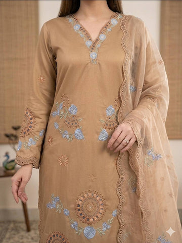 Designer Embroidered Roman Silk Kurti with Cutwork Palazzo & Organza Dupatta Set - Beige
