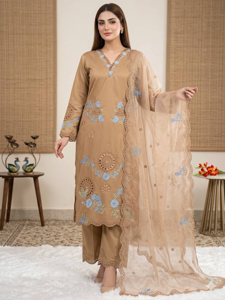 Designer Embroidered Roman Silk Kurti with Cutwork Palazzo & Organza Dupatta Set - Beige