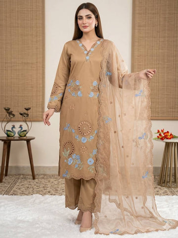 Designer Embroidered Roman Silk Kurti with Cutwork Palazzo & Organza Dupatta Set - Beige