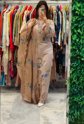 Designer Embroidered Roman Silk Kurti with Cutwork Palazzo & Organza Dupatta Set - Beige