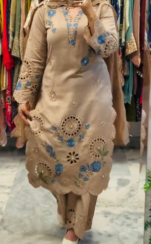 Designer Embroidered Roman Silk Kurti with Cutwork Palazzo & Organza Dupatta Set - Beige