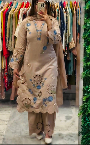 Designer Embroidered Roman Silk Kurti with Cutwork Palazzo & Organza Dupatta Set - Beige
