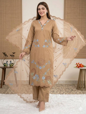 Designer Embroidered Roman Silk Kurti with Cutwork Palazzo & Organza Dupatta Set - Beige
