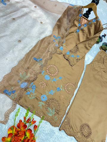 Designer Embroidered Roman Silk Kurti with Cutwork Palazzo & Organza Dupatta Set - Beige