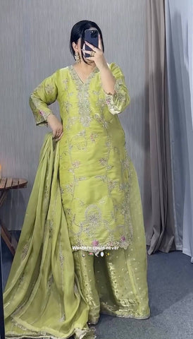 Designer Embroidered Chinon Silk Kurti with Wide Palazzo & Dupatta Set - Lime Green