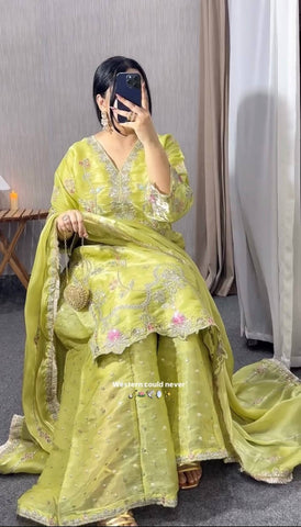 Designer Embroidered Chinon Silk Kurti with Wide Palazzo & Dupatta Set - Lime Green