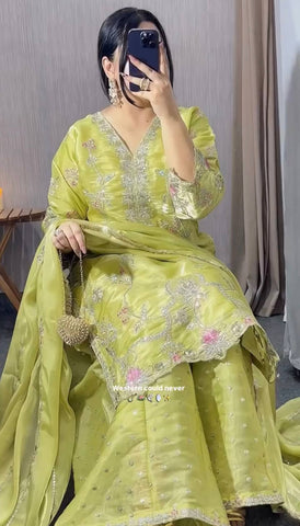 Designer Embroidered Chinon Silk Kurti with Wide Palazzo & Dupatta Set - Lime Green