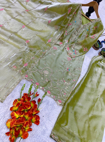 Designer Embroidered Chinon Silk Kurti with Wide Palazzo & Dupatta Set - Lime Green