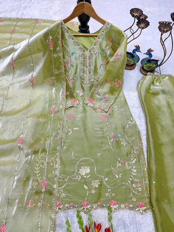 Designer Embroidered Chinon Silk Kurti with Wide Palazzo & Dupatta Set - Lime Green