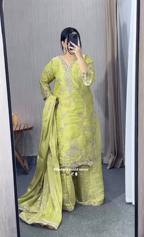Designer Embroidered Chinon Silk Kurti with Wide Palazzo & Dupatta Set - Lime Green